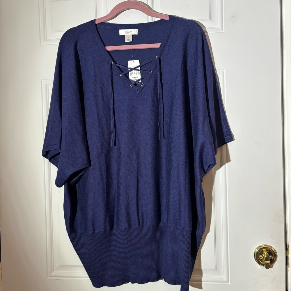 ❤️2/$15 or 3/$21❤️ NWT CJ Banks Short Sleeve Navy Blue Knit Top, Size 3X